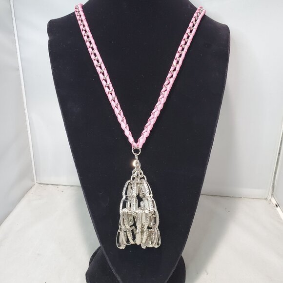 Banana Republic Pink Fabric with Silver Chain and Chunky Silver Dome Tassel Neck - Picture 1 of 9